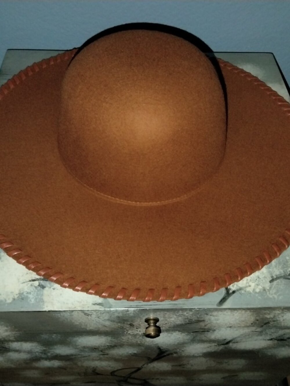 Wide Brim Hat, Cognac Wool with Faux Leather Trim by Phase 3, Boho Chic - Picture 10 of 10
